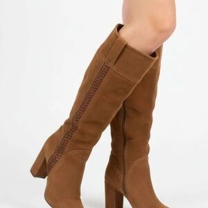 Cognac Suede Knee-High Boots